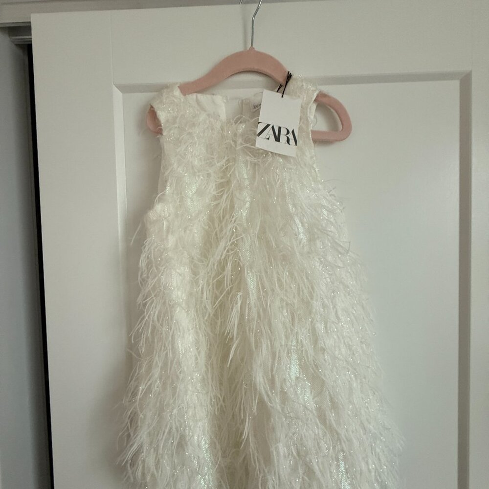 Zara Girls Feather Fringed White Party Dress NWT (Size 7)